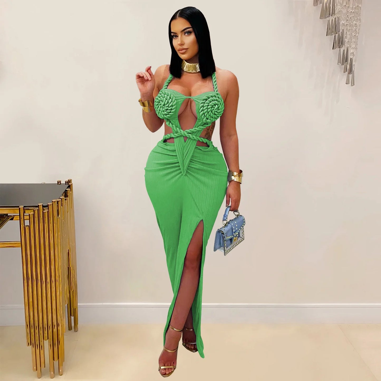 Bohemia Knitted Women Maxi Dress 2025 Summer Halter Lace Up Backless Split Sheath Vestidos Beach Vacation Robe