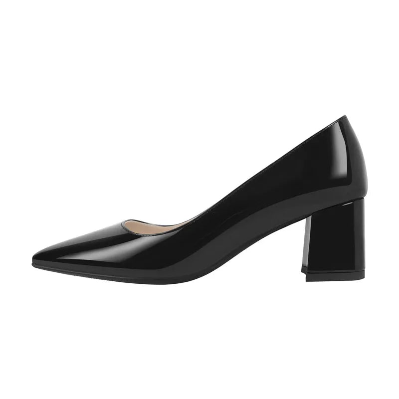 Women Black Pointed Toe Block Classic Slip On Thick Heel Office Dress Elegant Big Size Handmade Chunky Lady Sh