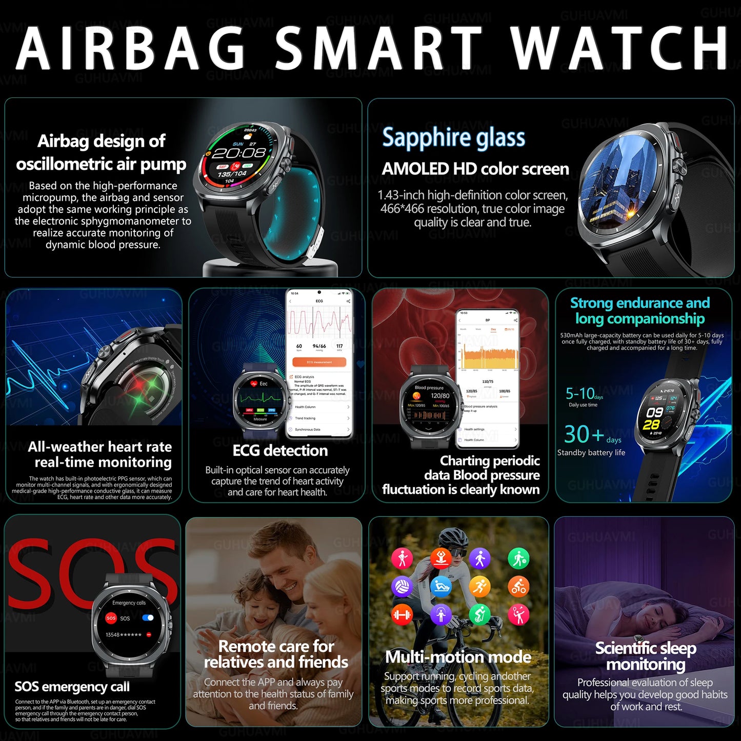 2025 Health track Smartwatch Air Pump Airbag True Blood Pressure Health Measure Smart Watch Men Women Blood oxygen BT Call