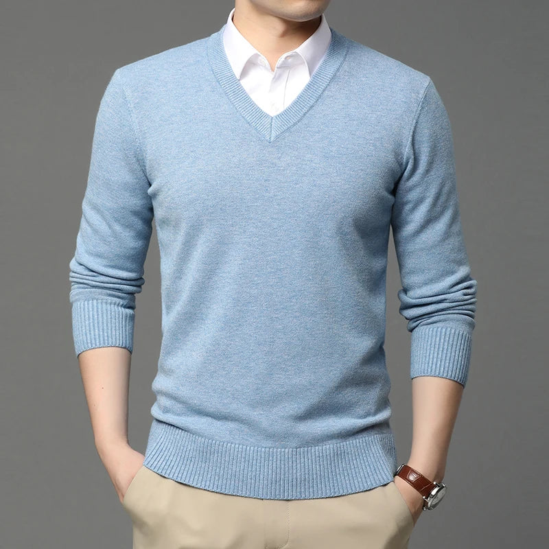 Men's High Quality Fashion Brand, Woollen Knit Pullover V-Neck Sweater, Autumn and Winter Casual Male Jumper