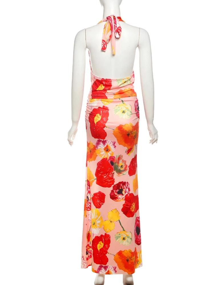 Floral Print 2 Piece Set Women Halter Low-Neck Backless Crop Tops + Skinny Splits Long Skirts Vacation Beach Style Suit