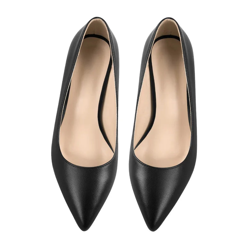 Women Black Pointed Toe Block Classic Slip On Thick Heel Office Dress Elegant Big Size Handmade Chunky Lady Sh