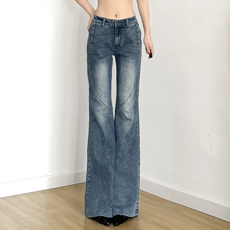 Women's Washed Denim Pants Trend Streetwear Y2K Low-Waist Flare Jeans Woman Casual All-Match Slimming Wide Leg Trousers
