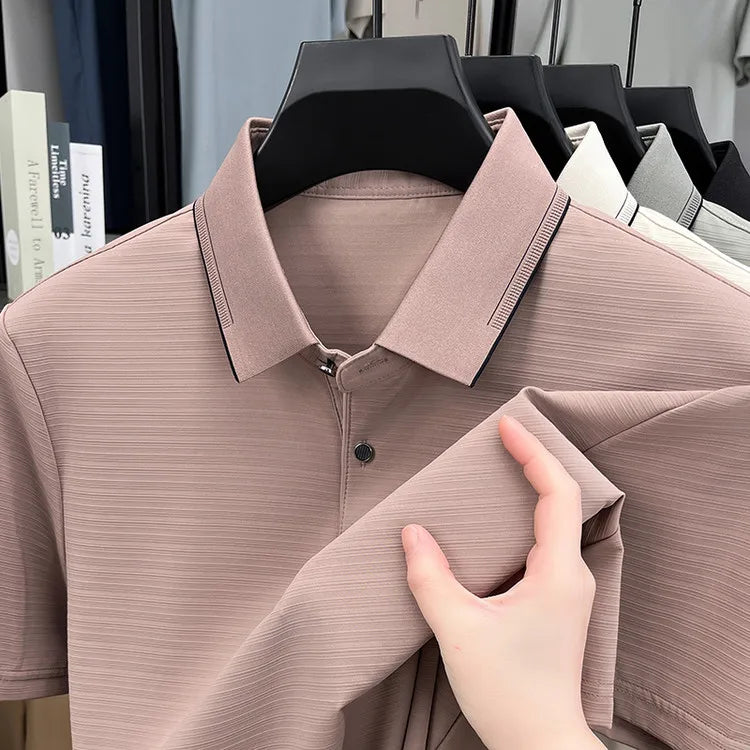 Men's Short-Sleeved T-Shirt, Subtle Striped Texture, Classic Collar Design With Button Details - Soft and Breathable Fabric Polo