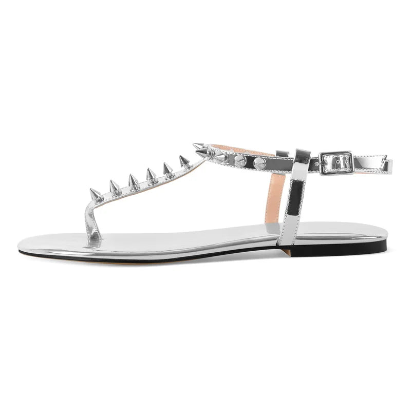 Women Round Toe T-Strap Rivet Flats Sandals Big Size Fashion Summer Sliper