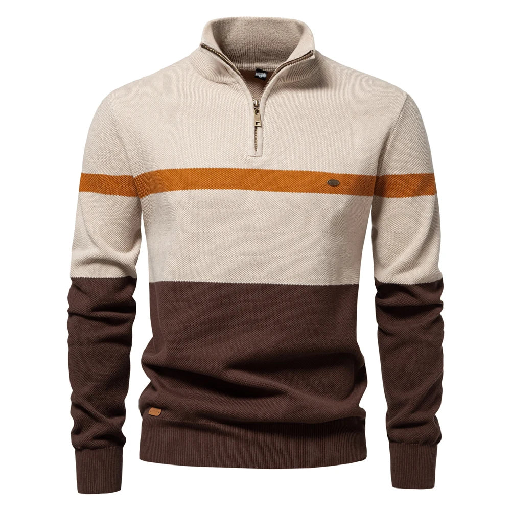 Men's High Quality Cotton Sweater Zipper Mock Neck Pullovers Male Autumn Winter Striped Warm Polo Sweater For Men