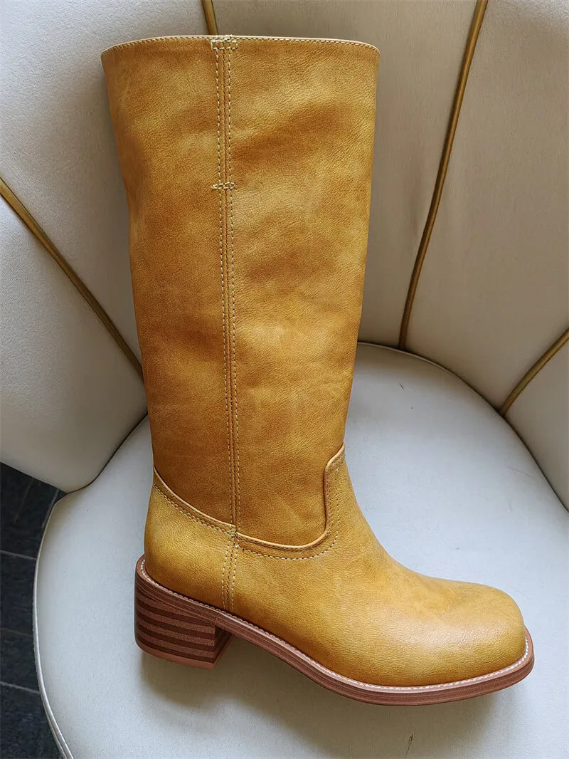 Women Round Toe Knee High Boots Low Heel Fashion Pull on Wide Calf Boots