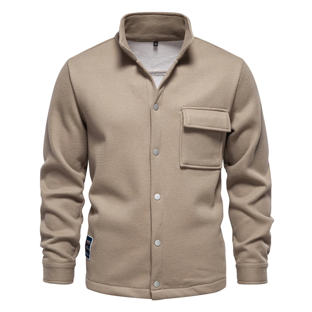 Herrenjacke mit Waffel-Fleece-Futter, dick, warm, mit Tasche, Knopfleiste, Stehkragen, Oberbekleidung, Winterjacken, Mäntel für Herren