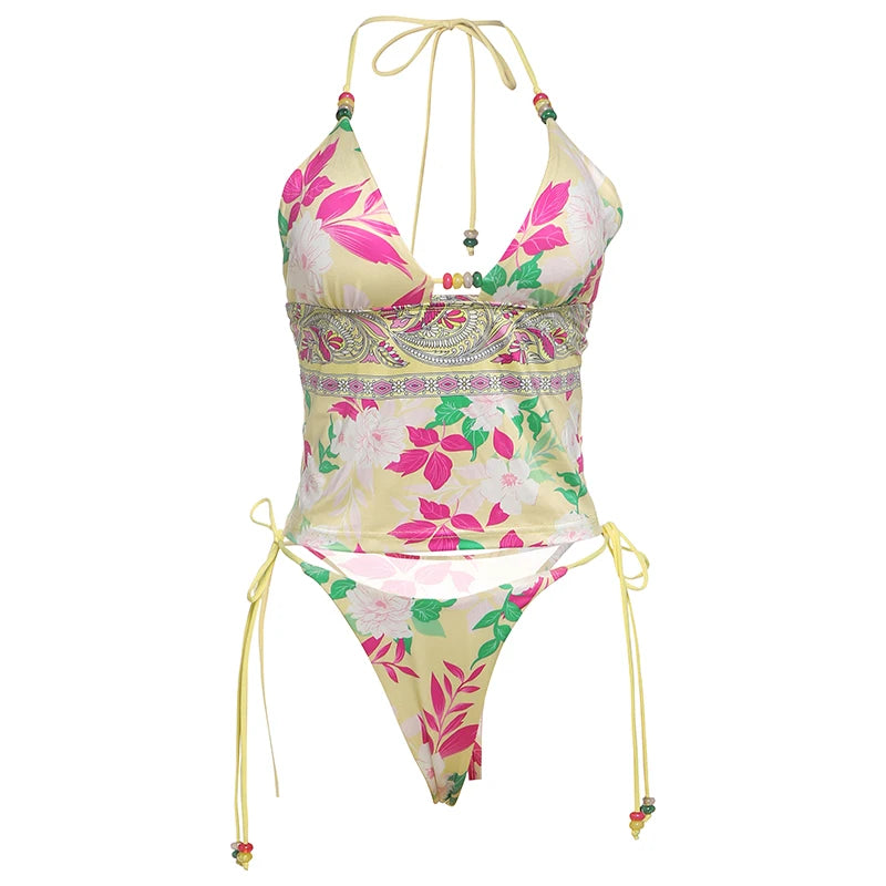 Lotus Print 2 Piece Set Women Halter Low-Neck Backless Tank Tops + Shirring Thong Vacation Fashion Beach Style Swimsuit