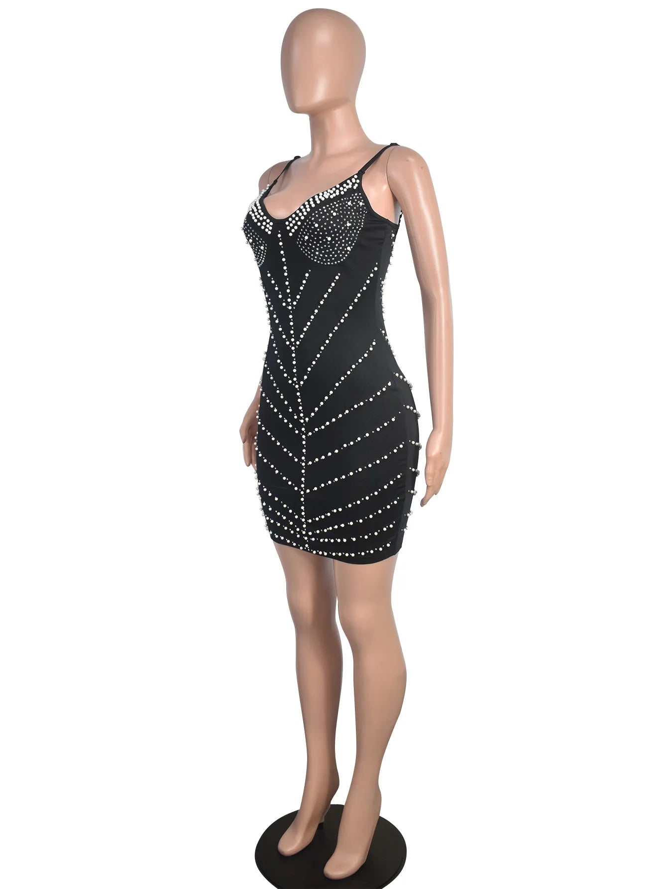 Women's Sexy Solid Color Deep V Neck Spaghetti Strap Beads Rhinestone Decor Mini Party Dress