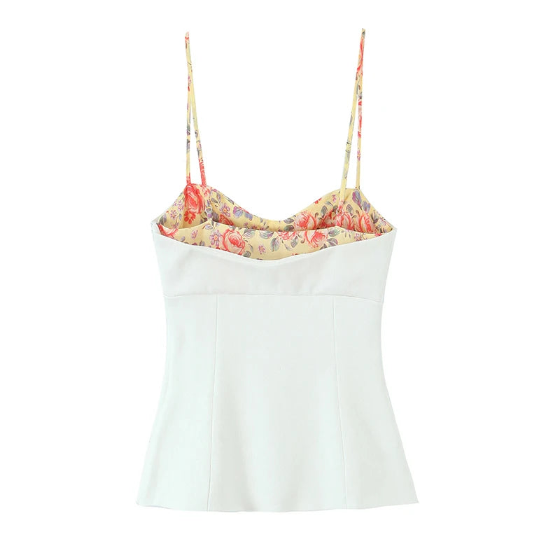 White Print Camisole Sexy Adjustable Spaghetti Straps Chic Party Summer Crop Top Streetwear for Women Short Length Polyester
