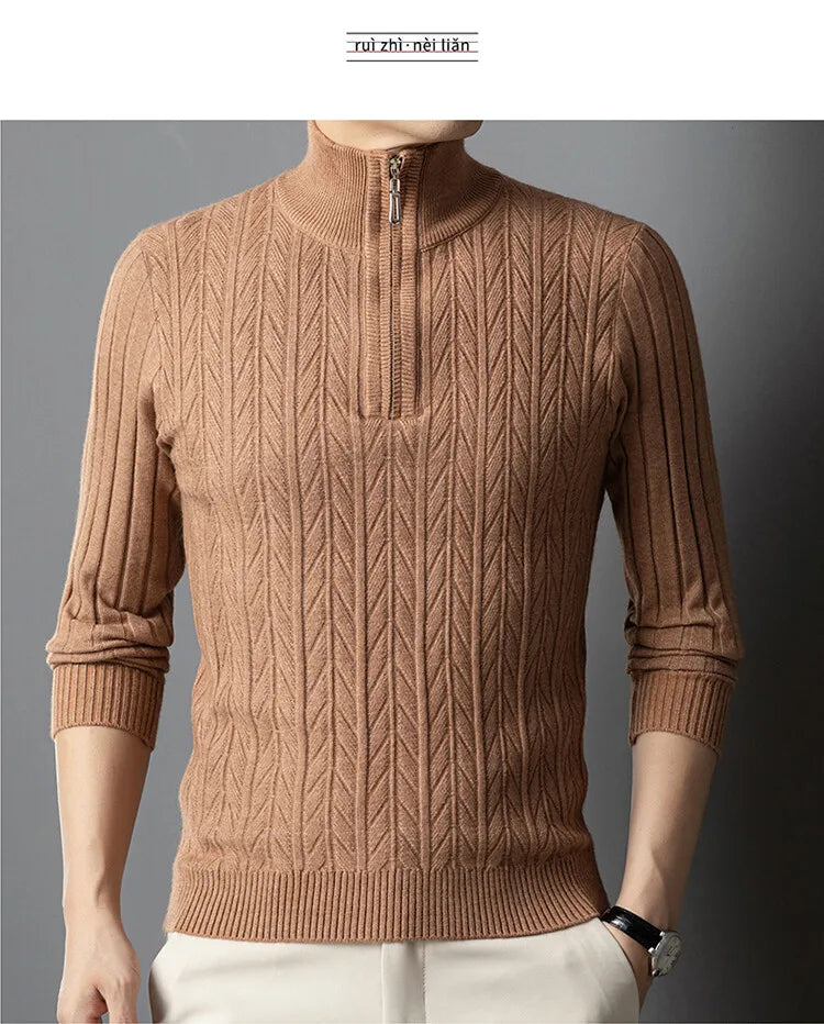 Men's High-Quality Semi-High-Neck, Business Casual Warm Sweater, Stretchy Striped Male Pullover Sizes M-4XL