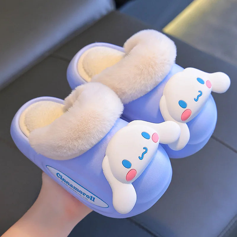 Girls' Home Fur Slippers Kawaii Anti-Skid Warm Cotton Cartoon Plush Waterproof Home Winter Shoes Size 24-41