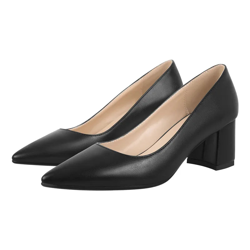 Women Black Pointed Toe Block Classic Slip On Thick Heel Office Dress Elegant Big Size Handmade Chunky Lady Sh