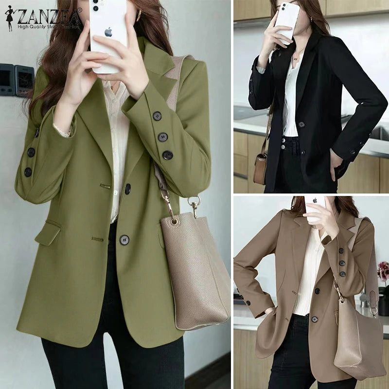 Women's Casual Blazer Elegant Office Lady Long Sleeve Lapel Neck Suit Jackets 2025 Korean Fashion Solid Commute Outerwear