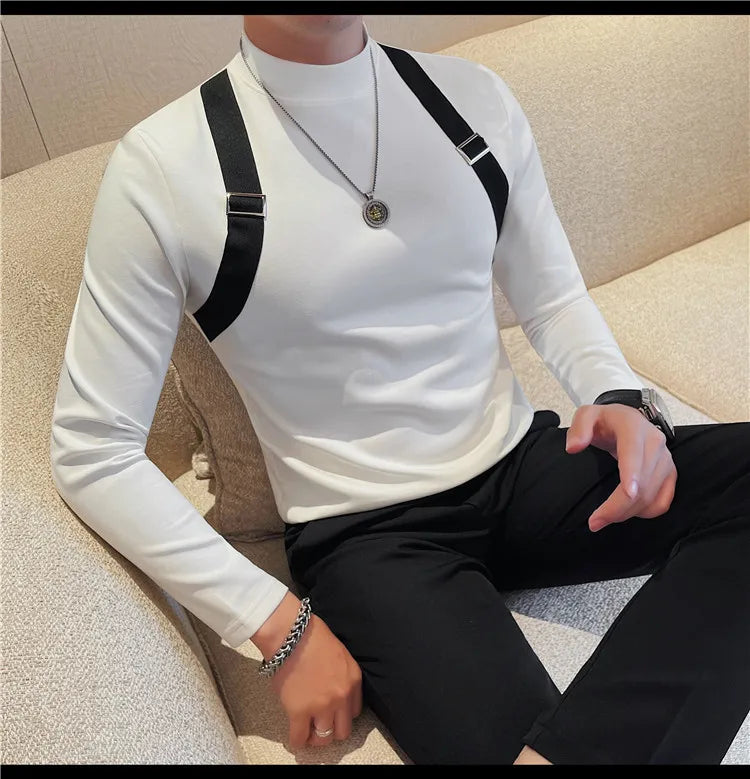 Men's Strap Long-Sleeved T-shirt For Autumn and Winter, Slim Fit Half Turtleneck Bottoming Shirt, Fashion City Knitwear