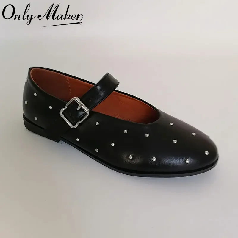 Women Round Toe Rivets Mary Jane Flats Buckles Fashion 2024 New Woman Big Size Summer Shoes