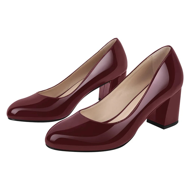 Women Pumps Black Round Toe Block Classic Slip On Thick Heel Office Dress Elegant Handmade Chunky Shoes