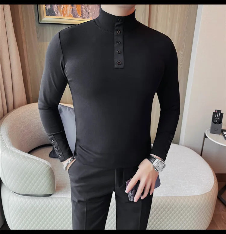 Men's High Quality Long Sleeve T-shirt For Autumn & Winter, Half-High Collar, Solid Colour Top. Collar Button Polo, Suitable As Business Casual