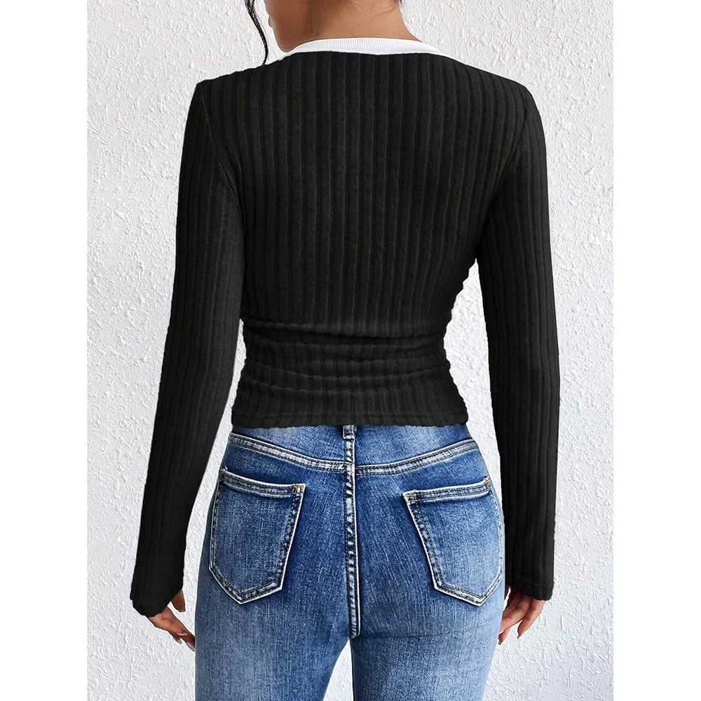 Women's T-Shirts Autumn Winter Fashion Contrast Colour Long Sleeve V-Neck Fashion T-Shirts