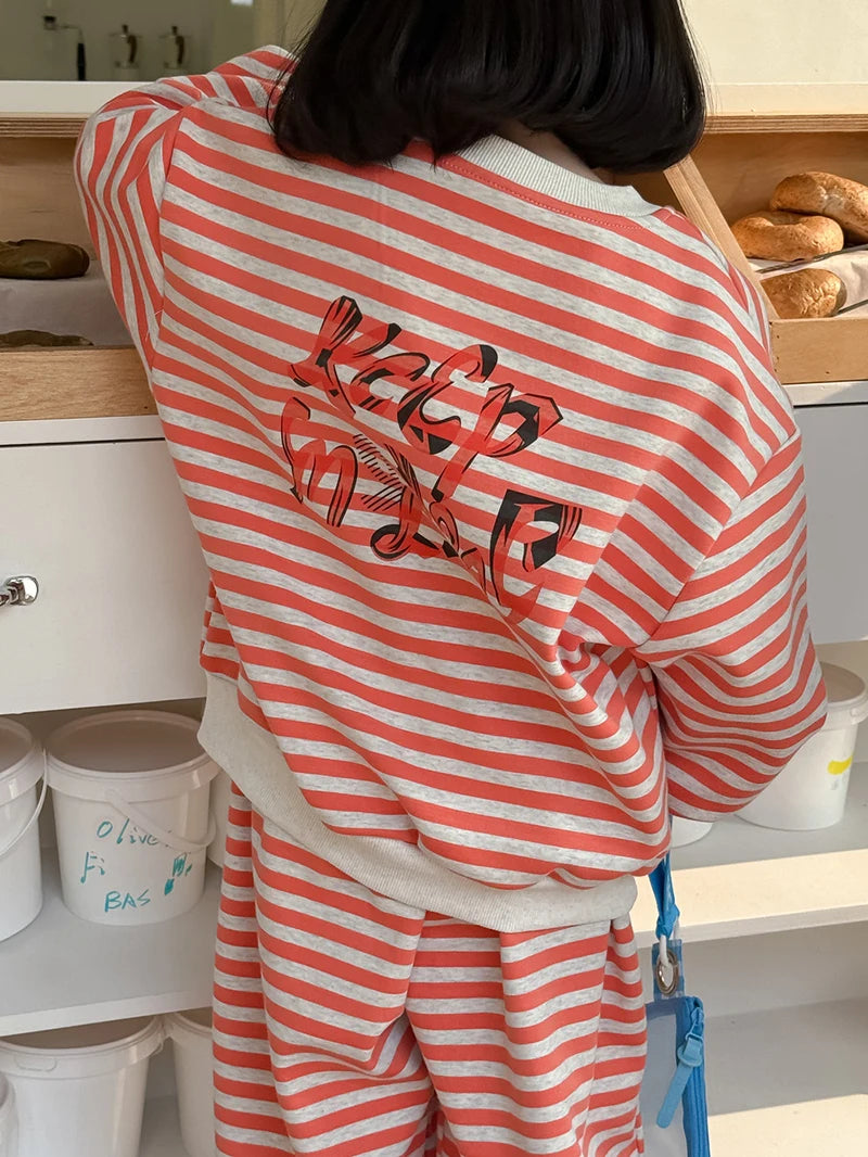 Spring Children's Clothes Boys' Tracksuit Kid's O-Neck Hoodie Set Girls' Korea Striped Letter Printed Sweatshirt 2Pcs Suit 4-6Y Unisex