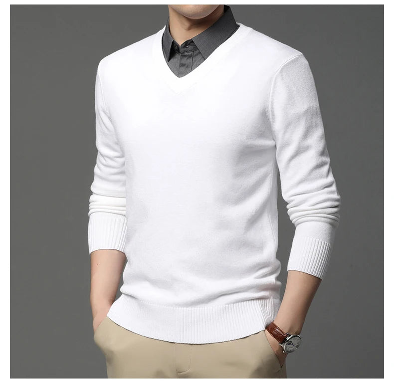 Men's High Quality Fashion Brand, Woollen Knit Pullover V-Neck Sweater, Autumn and Winter Casual Male Jumper