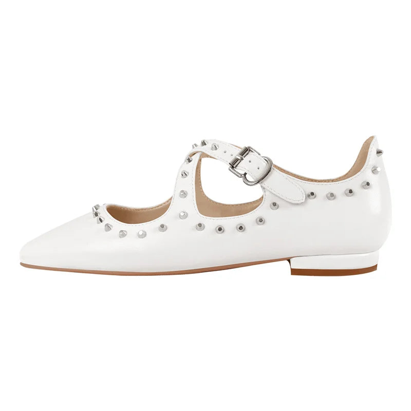 Women White Square Toe Matte Flats Strap Retro Elegant Big Size Daily Flats