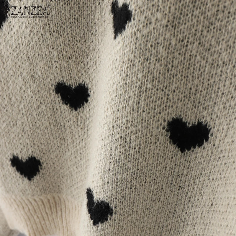 Women Loose Knitted Sweaters 2025 Spring Autumn Lantern Sleeve O Neck Heart Pattern Pullovers Streetwear Stylish Tops