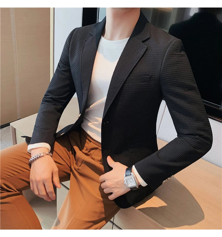 Men’s Waffle Plaid Blazer Coat, Hounds-Tooth Pattern, Wool-Blend Overcoat for Autumn & Winter - Lightweight, Stretchable