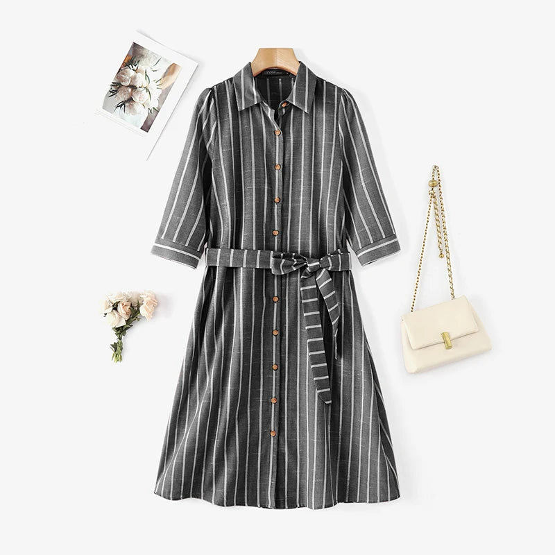 Women Striped Shirt Dress Elegant Lapel Neck 3/4 Sleeve A-line Midi Dresses 2025 Summer Tie-Waist Robes Femme Vestidos