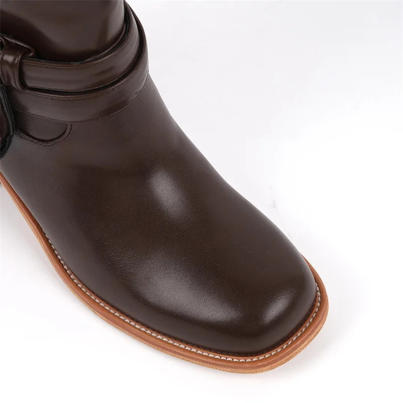 Women Round Toe Knee High Boots Low Heel Fashion Pull on Wide Calf Boots