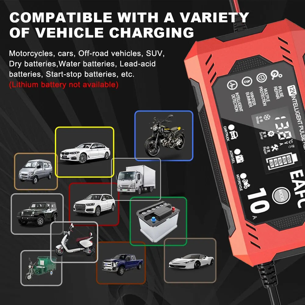 Car Battery Charger 12V 8A 10A Touch Screen Pulse Repair Digital LCD Display Smart Fast Charger for Car Motorcycle