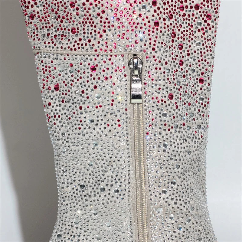 Women Pointed Toe Rhinestone Knee High Western Cowgirl Boots Glitter Bling Shiny Block Heel Lady Boots