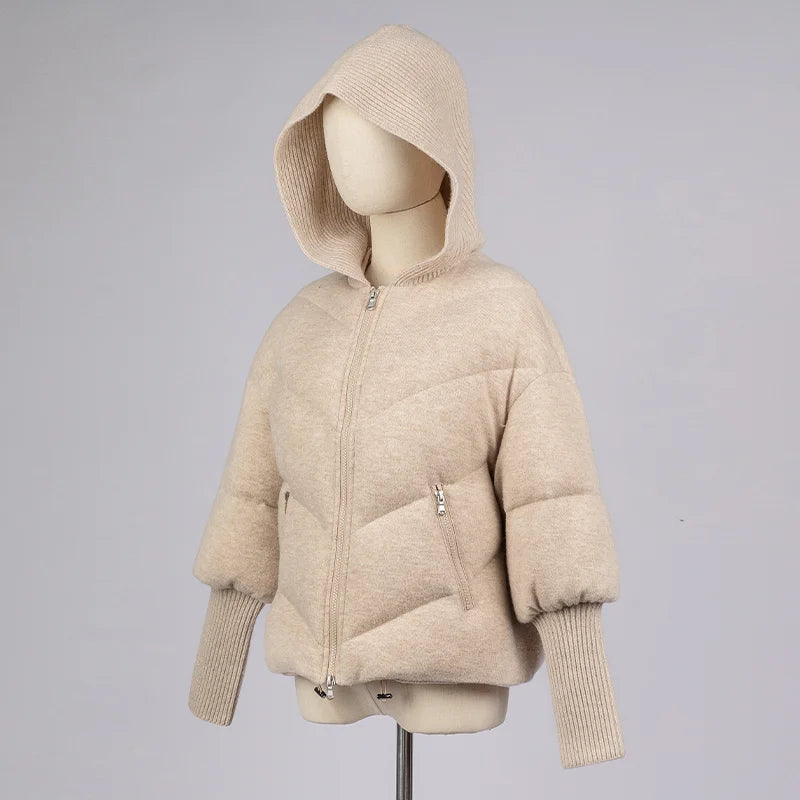 Women's Luxury Hooded Threaded Sleeve Down Coat, Warm Jacket For Ladies