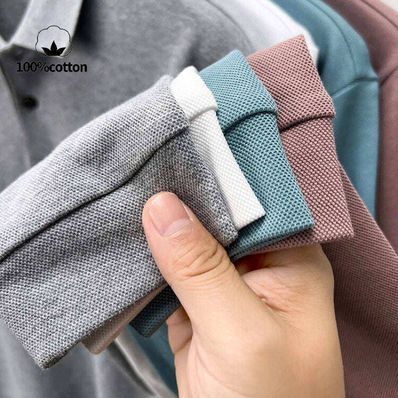 Men's 100% Cotton Polo Shirt, Four Seasons Universal Leisure Long Sleeve, Breathable Lapels T-shirt, Perfect and Durable for Golf Sports