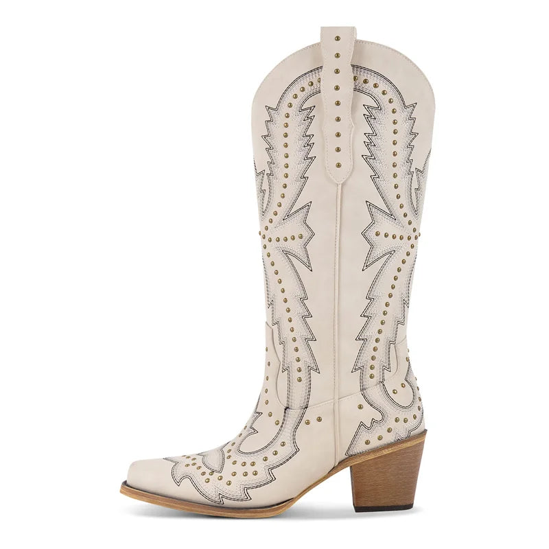 Women Pointed Toe Mid Calf Pull-on Knee High Cowgirl Boots Comfy Chunky Heel Western Boots