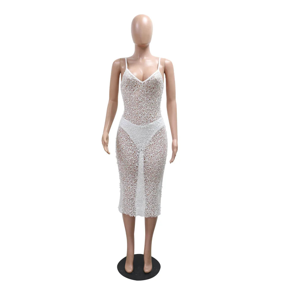 Women's Sexy See Through Sheer Mesh Sleeveless Spaghetti Strap Sequin Decor V Neck Dress with Briefs