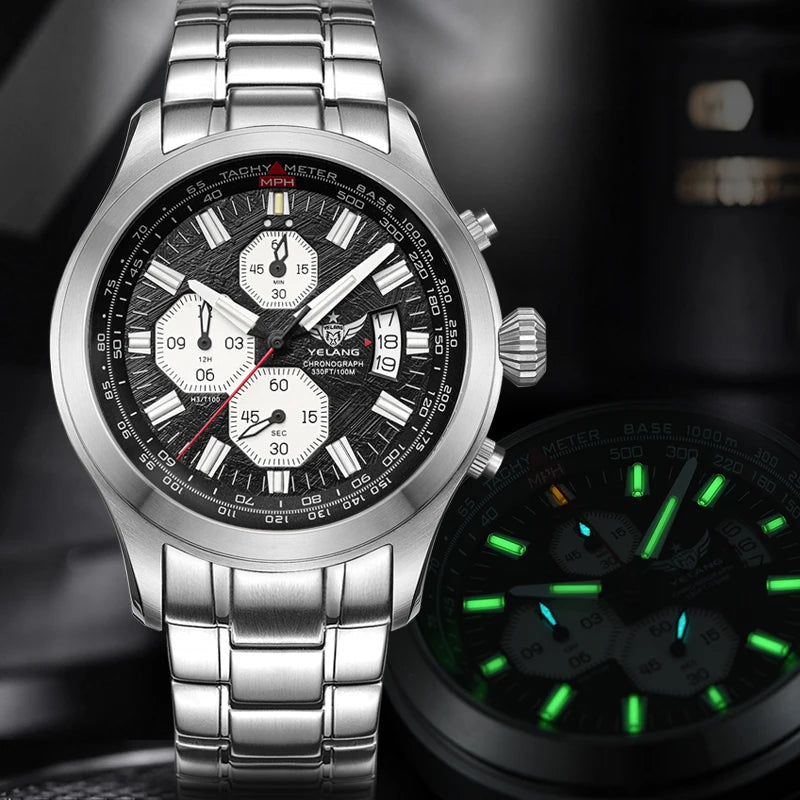 Yelang Men's Three Eyes Six Needles Japan OS00 Movement 100M Water Resistant Waterproof Diving Stainless Steel Quartz Watch