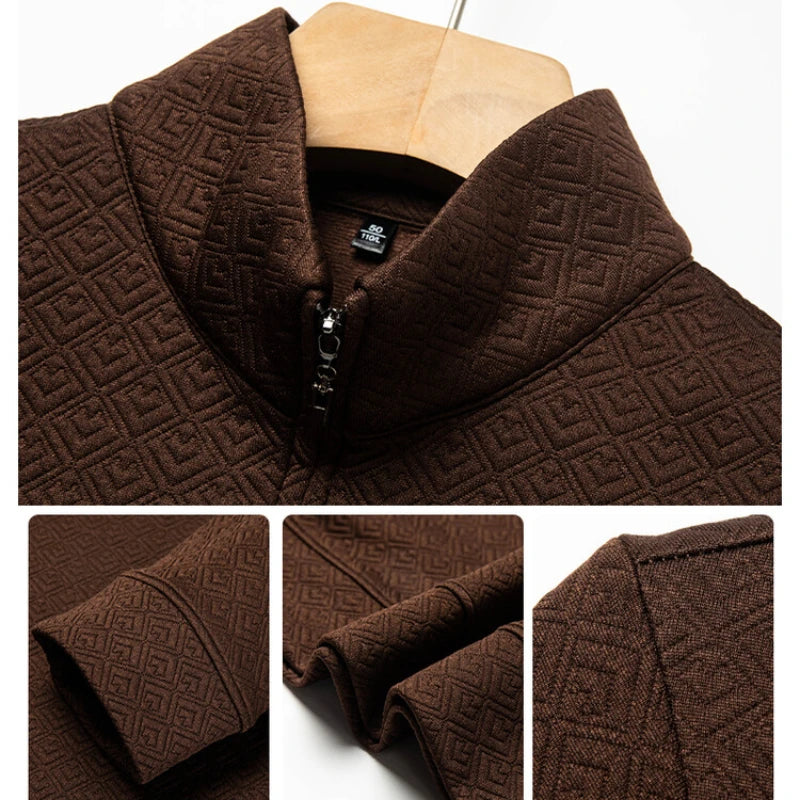Men's Zipper Stand-Up Collar Long Sleeve T-shirt, Autumn & Winter Fashion Brand Loose Pullover With Advanced Geometric Jacquard Fabric