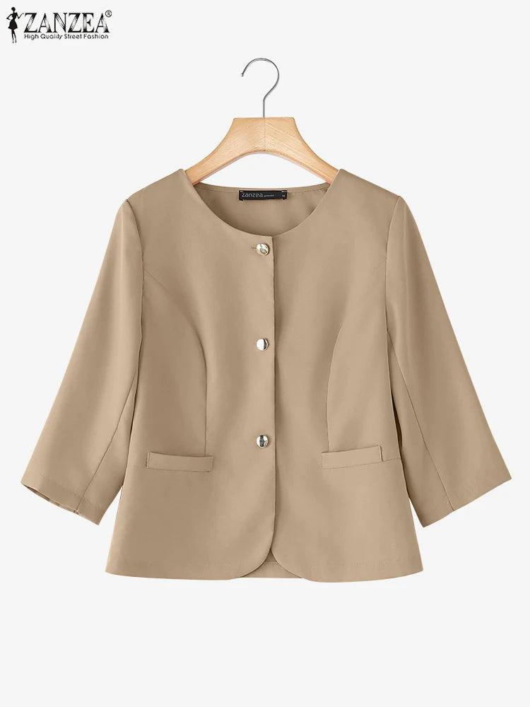 Elegant Women Over Shirts 2025 Autumn Fashion Round Neck 3/4 Sleeve Button Up Chemises Femme Office Wear Solid Outerwear