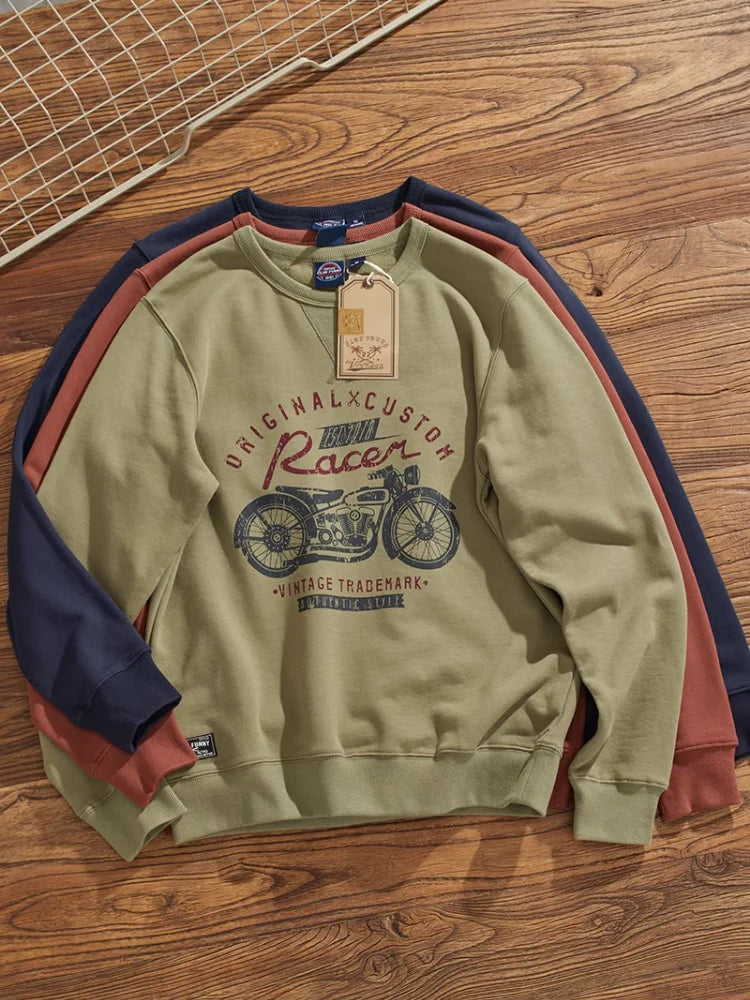 Herfst Nieuwe Amerikaanse Retro 450g Dikke Fluwelen Motorfiets Bedrukte Sweatshirts Heren Eenvoudige Gewassen Jeugd Casual Pullover Sportkleding