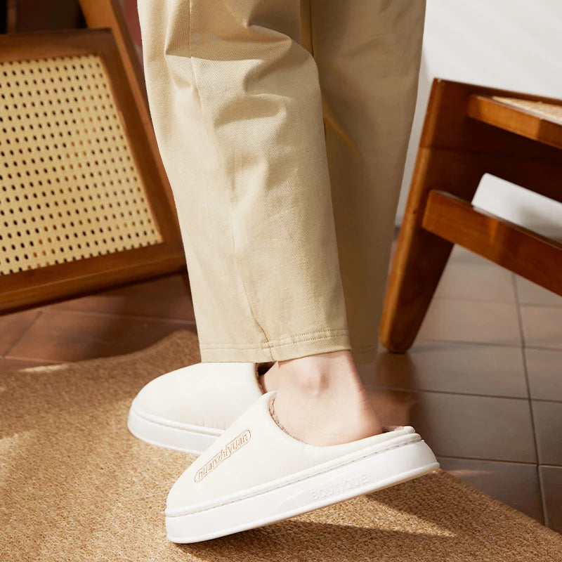 Unisex Anti-slip Waterproof Winter Cotton Slippers Women Men Home Indoor Warm House Shoes Couple Soft Flat PVC Sole Footwear