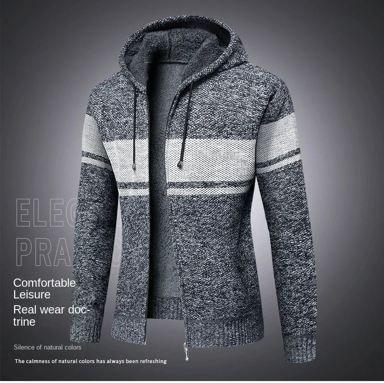 Men's High Quality Thick Plus Velvet New Brand Casual Fashion Hooded Jacket, Zipper Warm Patchwork Windbreaker Male Coats