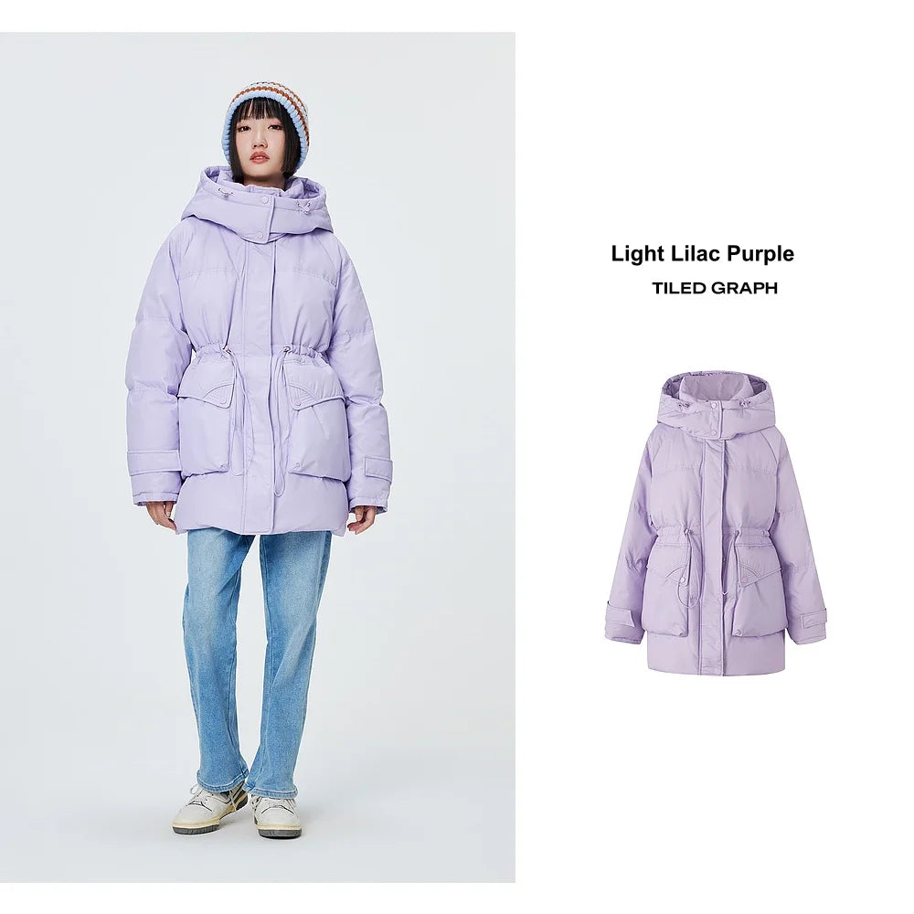 Women's Winter Warm Oversized Long Hooded Down Jacket, Adjustable Pig Nose, Buckle Waist Belt Utility Duck Down Parka For Ladies