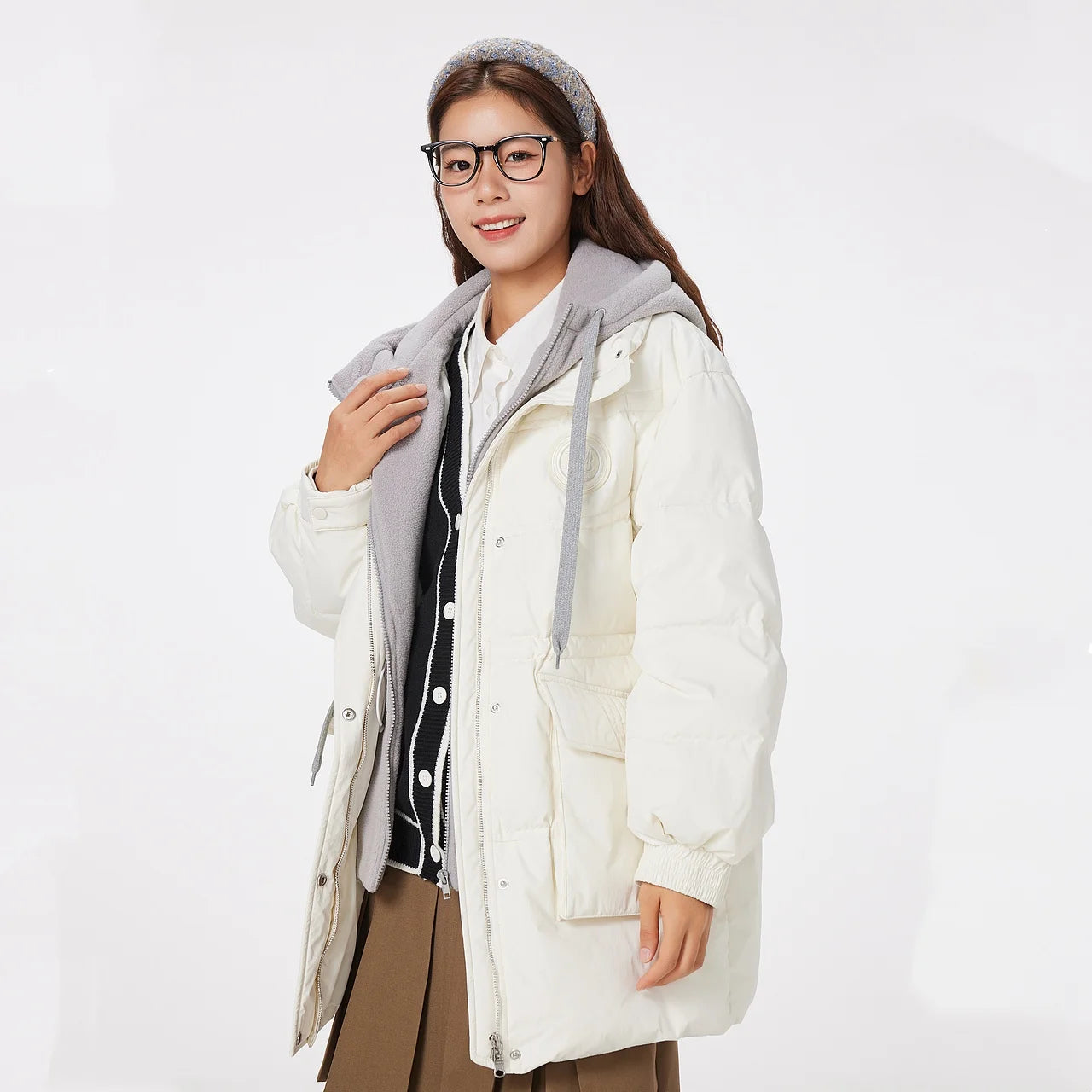 Women's Faux Two-Piece Mid-Length Puffer Jacket With Cosy Polar Fleece Lining, Hooded Warmth Loose Duck Down Coats For Ladies