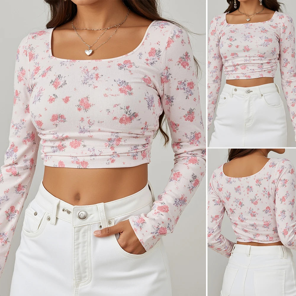 Women's T-Shirts Autumn Cute Youthful Fashion Dating Ditsy Floral Long Sleeve Square Neck Casual T-Shirts