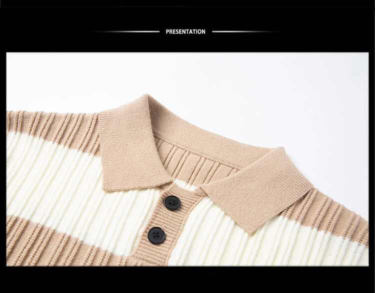 Men's Polo Shirt Luxury Pullover Sweater Fashion Thick Warm Sweater Striped Casual T-shirt, Male Top Loose Knitwear