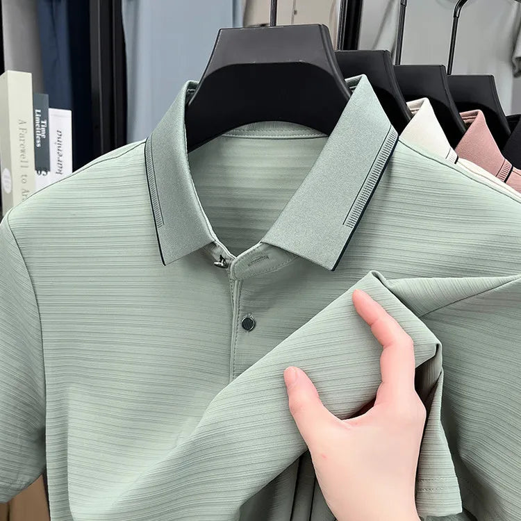 Men's Short-Sleeved T-Shirt, Subtle Striped Texture, Classic Collar Design With Button Details - Soft and Breathable Fabric Polo