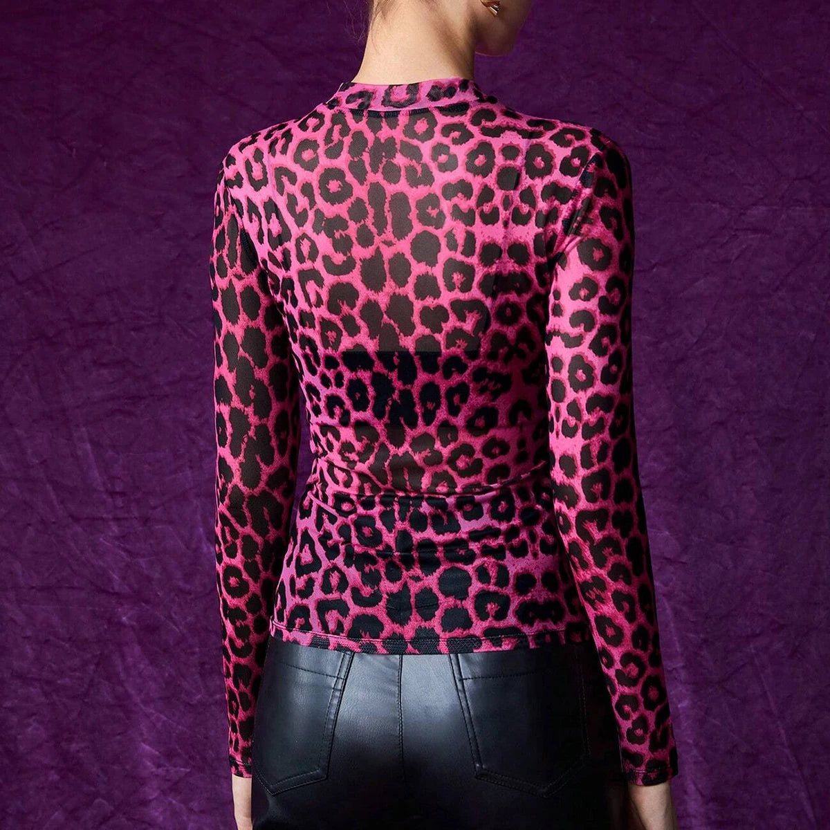 Women's T-Shirts Autumn Daily Basic Leopard Mesh Long Sleeve Crew Neck Fashion High Street T-Shirts
