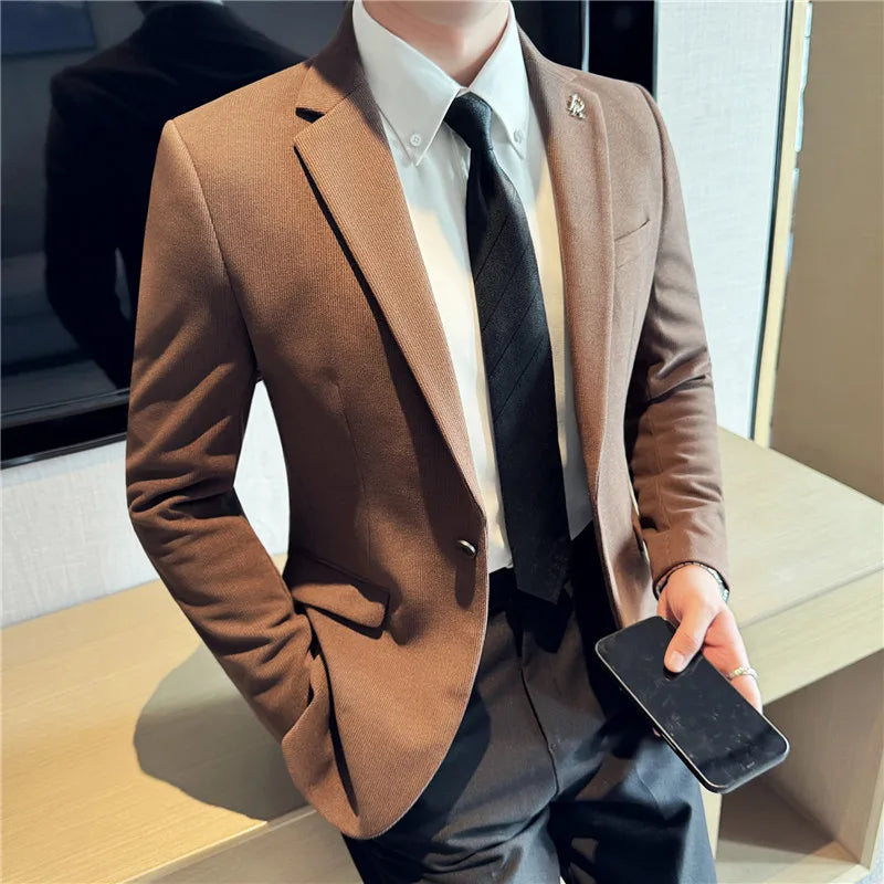 Men's Thickened High-Quality Daily Work Formal Single-Breasted Woollen Coat with Dark Stripe for Autumn and Winter Size S-4XL